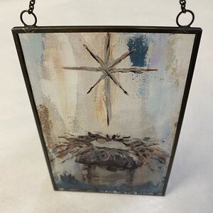 Biblical Religious Hanging Glass Ornament Baby Jesus Manger Hand Painted H. Bush